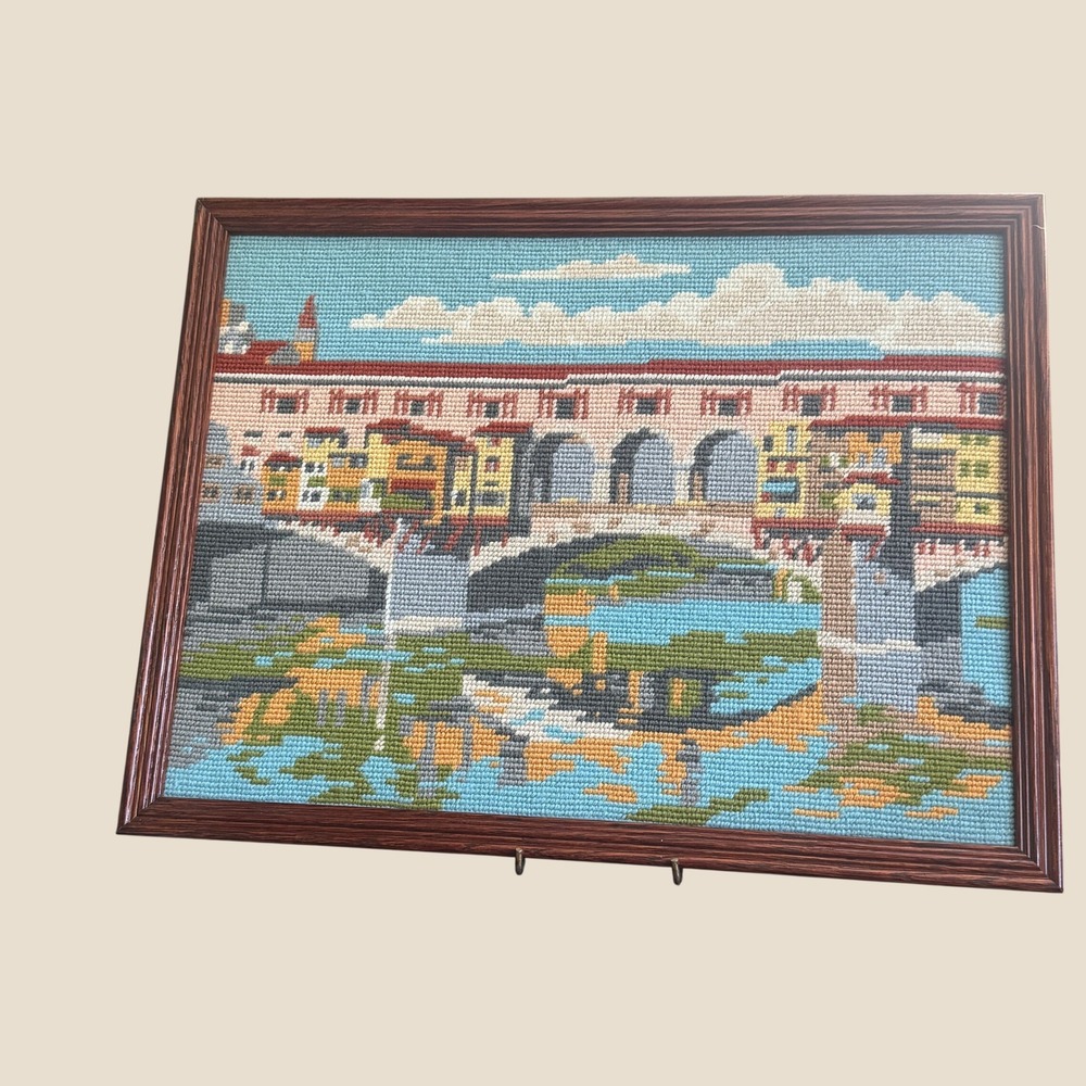 Vintage Framed Needlepoint Ponte Vecchio Florence Italy Bridge Wall Art